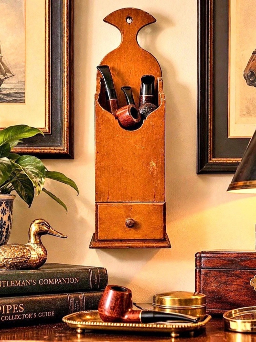 Vintage Wooden Wall Hanging Tobacco Pipe Box with Drawer Brown